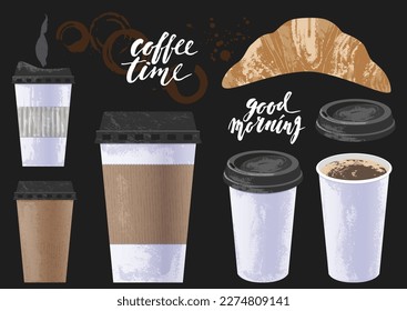 Coffee illustration set. Coffee cups with lid, take out eco paper cup, croissant, coffee stains. Vector set for drinks menu background.