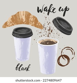 Juego de ilustraciones de café. Café con tapa, tómese una taza de papel ecológico, croissant, manchas de café. Vector establecido para el fondo del menú de bebidas.