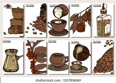 Coffee illustration set. Hand drawn vector banner. Beans, bag, cup, coffee machine,