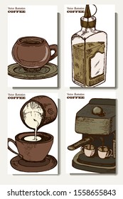 Coffee illustration set. Hand drawn vector banner. Beans, cup, coffee machine,