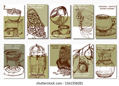 Coffee illustration set. Hand drawn vector banner. Beans, bag, cup, coffee machine,