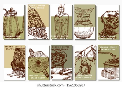 Coffee illustration set. Hand drawn vector banner. Beans, bag, cup, coffee machine,