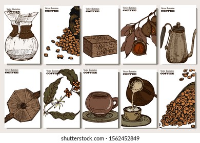 Coffee illustration set. Hand drawn vector banner. Beans, bag, cup, coffee machine,