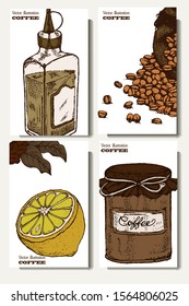 Coffee illustration set. Hand drawn vector banner. Beans, bag, lemon
