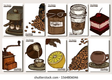 Coffee illustration set. Hand drawn vector banner. Beans, bag, cup, coffee machine,
