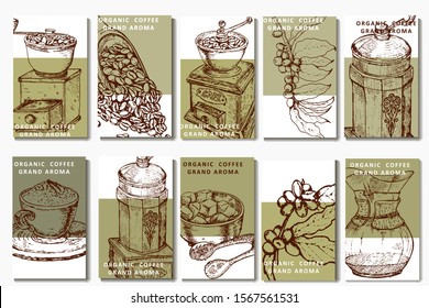 Coffee illustration set. Hand drawn vector banner. Beans, bag, coffee machine,