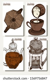 Coffee illustration set. Hand drawn vector banner. Beans, bag, teapot, cup
