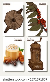 Coffee illustration set. Hand drawn  banner. Beans, teapot, branch. Realistic coffee vector