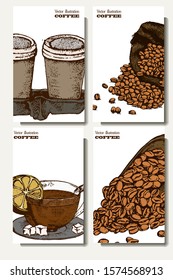 Coffee illustration set. Hand drawn  banner. Beans, cup, bag. 
