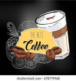 Coffee illustration for coffee shop logo, menu, emblem, poster. 