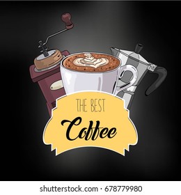 Coffee illustration for coffee shop logo, menu, emblem, poster. 