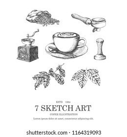 Coffee Illustration Sketch Art Style Set.