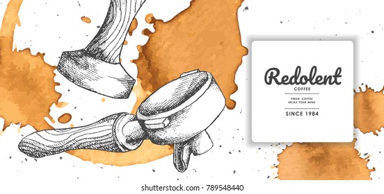 Coffee illustration with coffee stain for product label or packaging.Use by Pen & Ink Sketch Drawing Technique.