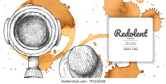 Coffee illustration with coffee stain for product label or packaging.Use by Pen & Ink Sketch Drawing Technique.