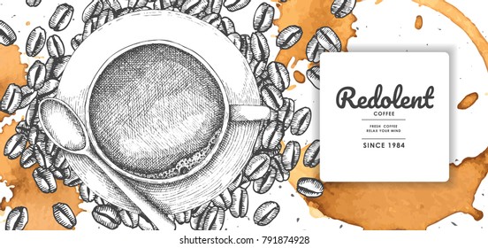 Coffee Illustration With Coffee Stain For Product Label Or Packaging.Use By Pen & Ink Sketch Drawing Technique.