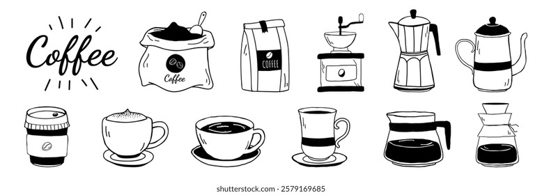 Coffee illustrations: beans, grinder, cups, and pots. Coffee cups, coffee beans, and coffee pots in black and white sketches. Aesthetic cafe illustrations, isolated vector set.