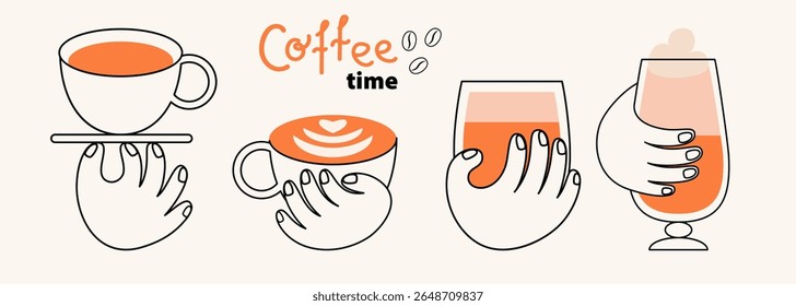 Coffee illustrations and icons. Concept design for menu, kitchen, cafe, poster. Cute hand with coffee mugs. Modern minimalist flat vector art.
