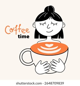 Coffee illustrations and icons. Concept design for menu, kitchen, cafe, poster. Cute character with coffee mugs. Modern minimalist flat vector art.
