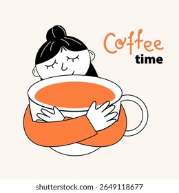 Ilustrações e ícones de café. Design conceitual para menu, cozinha, café, cartaz. Personagem bonito com canecas de café. Moderna arte vetorial plana minimalista.

