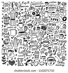 Coffee illustrations set. Hand drawn doodle collection with cups of coffee, coffee beans and desserts