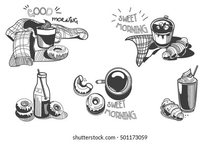 Coffee Illustrations set, pictures, posters, vectors set, black and white