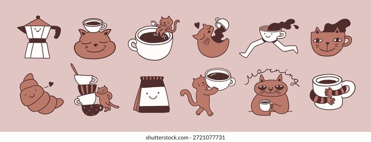 Ilustraciones de café, set de pegatinas, personajes adictos a la cafeína. Gato, mokka pot, taza con piernas, paquete de café, tazas. Ilustraciones o iconos de café, estilo de doodle de línea divertida. Diseño de cafetería y cafetería.