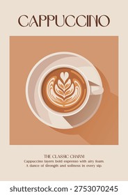 Coffee image. Modern kitchen decor. Cappuccino coffee with milk. Minimalist coffee art. Minimalist retro posters with drink. Colorful trendy print. Vector illustration