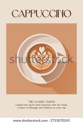 Coffee image. Modern kitchen decor. Cappuccino coffee with milk. Minimalist coffee art. Minimalist retro posters with drink. Colorful trendy print. Vector illustration