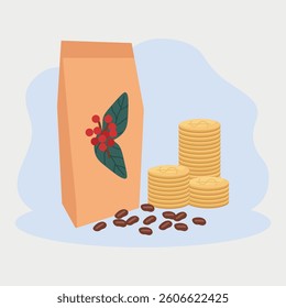 coffee increase. coffee packaging, coffee beans and money isolated on white background. Vector illustration
