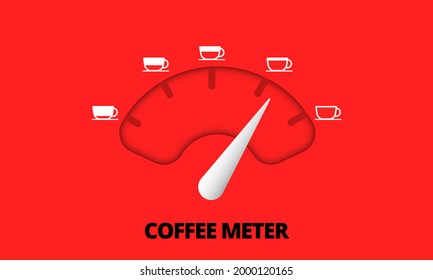 Coffee indicator, scale and arrow with white coffee cup on red background. Coffee thermometer, caffeine passion scales, measurement gauge for coffee lover meter concept. Design element. Vector.