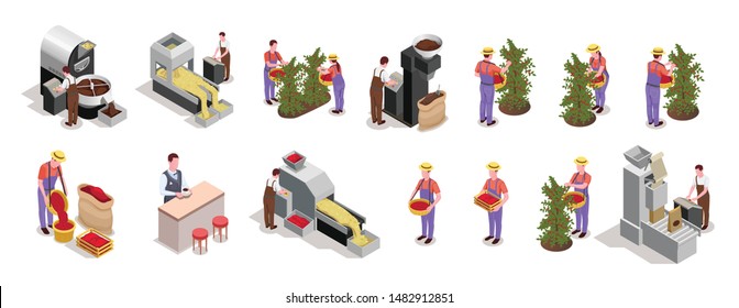 Coffee Industry Production 2 Rows Isometric Elements With Beans Harvesting Processing Roasting Packing Grinding Machines Vector Illustration 