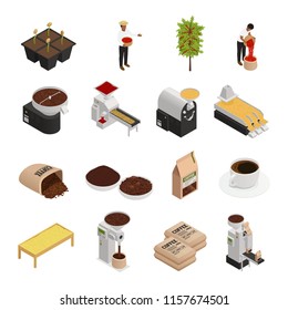 Coffee industry production isometric icons set with isolated images of coffee trees burr grinders working people vector illustration