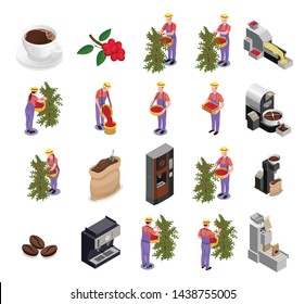 Coffee industry production isometric icons set with plantation fruit harvesting sorting roasting processing packing machine vector illustration 