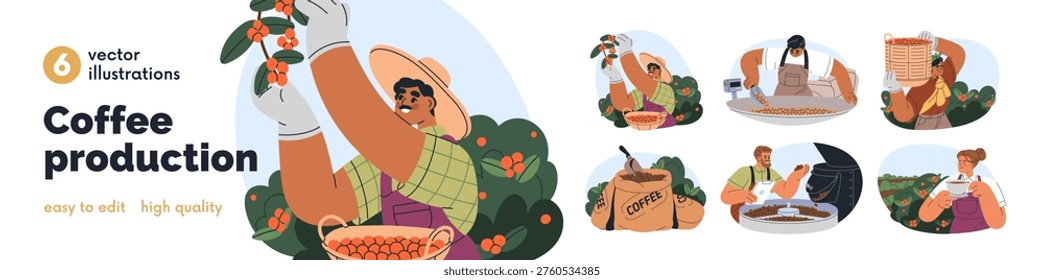 Coffee industry and production process. Set of beans in sacks, grinder machine at factory, workers cultivating, collecting berries on plantation. Flat vector illustration isolated on white background