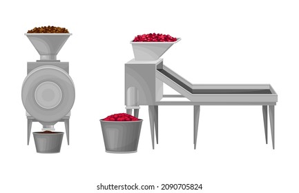 Coffee industry production. Processing of harvested beans with special equipment vector illustration