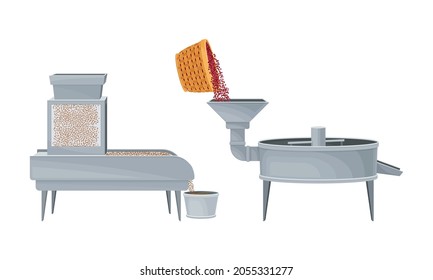 Coffee industry production set. Coffee beans hulling and roasting machines vector illustration