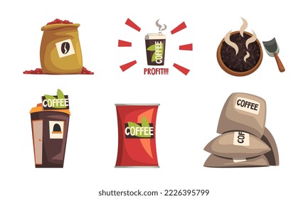 Coffee industry production set. Harvesting, roasting and selling coffee drinks cartoon vector illustration