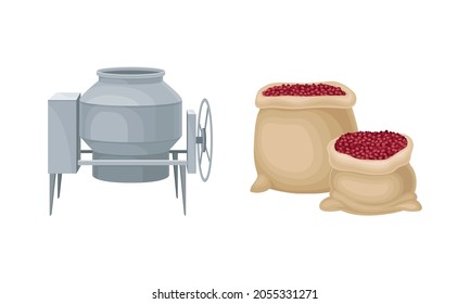 Coffee industry production set. Sack of ripe coffee fruits and processing machine vector illustration