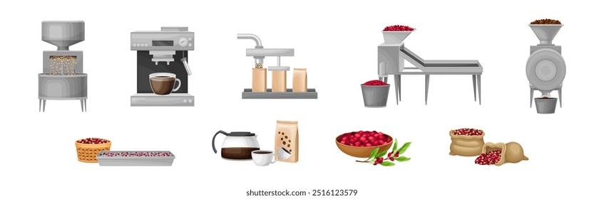 Coffee Industry Production Stages and Process Vector Set