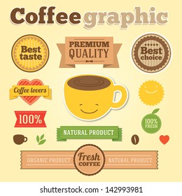 Coffee info graphic design element. Coffee vintage labels. Collection of old school ribbons, labels,stamps