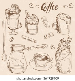 Coffee and ingredients set; hand drawn sketch collection with cup of espresso, cappuccino, latte, chocolate, coffee beans, cinnamon, pot, spoon and dessert