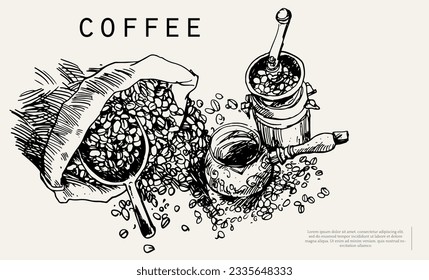 coffee of ink drawing sketch for banner, poster, packaging, label. vintage coffee of art hand draw. banner coffee of ink drawing for promotion. art print coffee