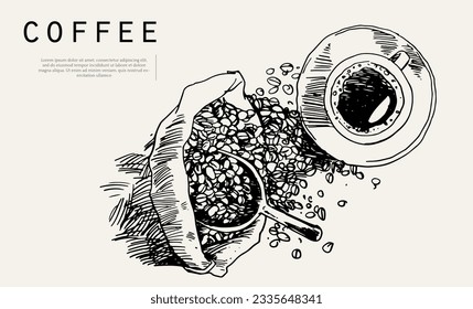 coffee of ink drawing sketch for banner, poster, packaging, label. vintage coffee of art hand draw. banner coffee of ink drawing for promotion. art print coffee