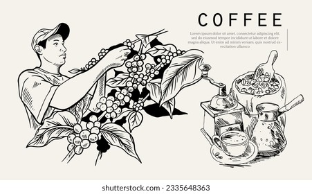 coffee of ink drawing sketch for banner, poster, packaging, label. vintage coffee of art hand draw. banner coffee of ink drawing for promotion. art print coffee