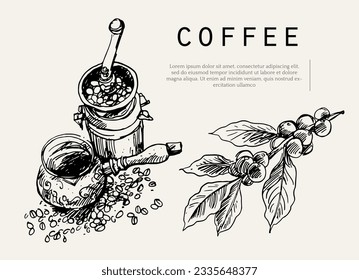 coffee of ink drawing sketch for banner, poster, packaging, label. vintage coffee of art hand draw. banner coffee of ink drawing for promotion. art print coffee