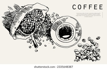 coffee of ink drawing sketch for banner, poster, packaging, label. vintage coffee of art hand draw. banner coffee of ink drawing for promotion. art print coffee