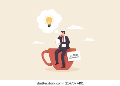 Coffee inspirations, Coffee is always a good idea. coffee break time to relax. A businessman or employee sits and drinks coffee on a giant mug.