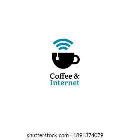 Coffee Internet Logo With Cup And Wifi Signal. Negative Space Style For Minimalistic Business Brand. Suitable For Cafe And Coworking Space Business