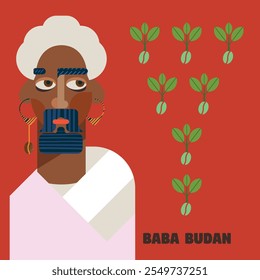 Coffee inventor Baba Budan vector portrait in geometric flat style. Brought seven raw beans from Yemen. Coffee history illustration.