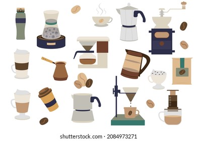 Coffee isolated elements set. Collection of different types of coffee drinks in mugs and equipment for preparation. Assortment of shop or cafe compositions. Vector illustration in flat cartoon design